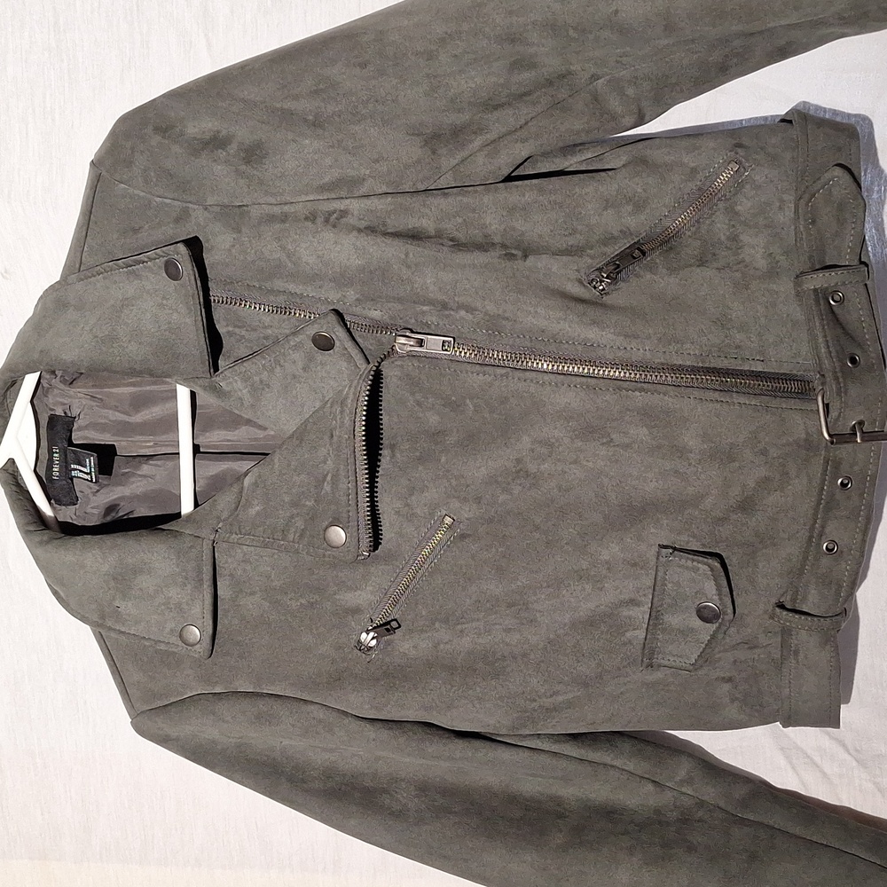 Vintage Bomber Jacket, Faux Suede, Khaki Cropped, Forever 21, Sz 6, NWOT - Picture 4 of 12